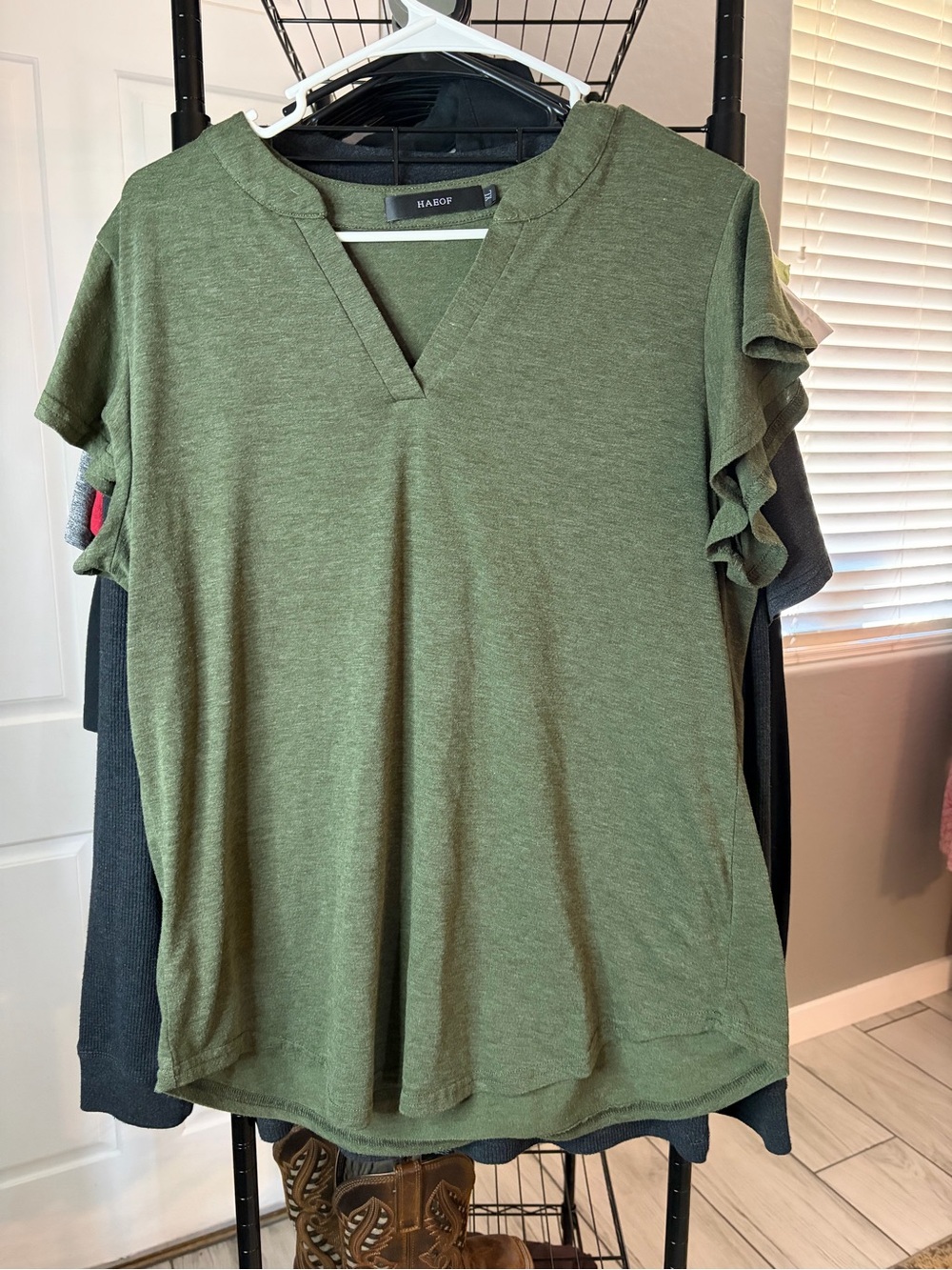 American Eagle Outfitters Olive Green Ruffle Sleeve V-Neck Tee
